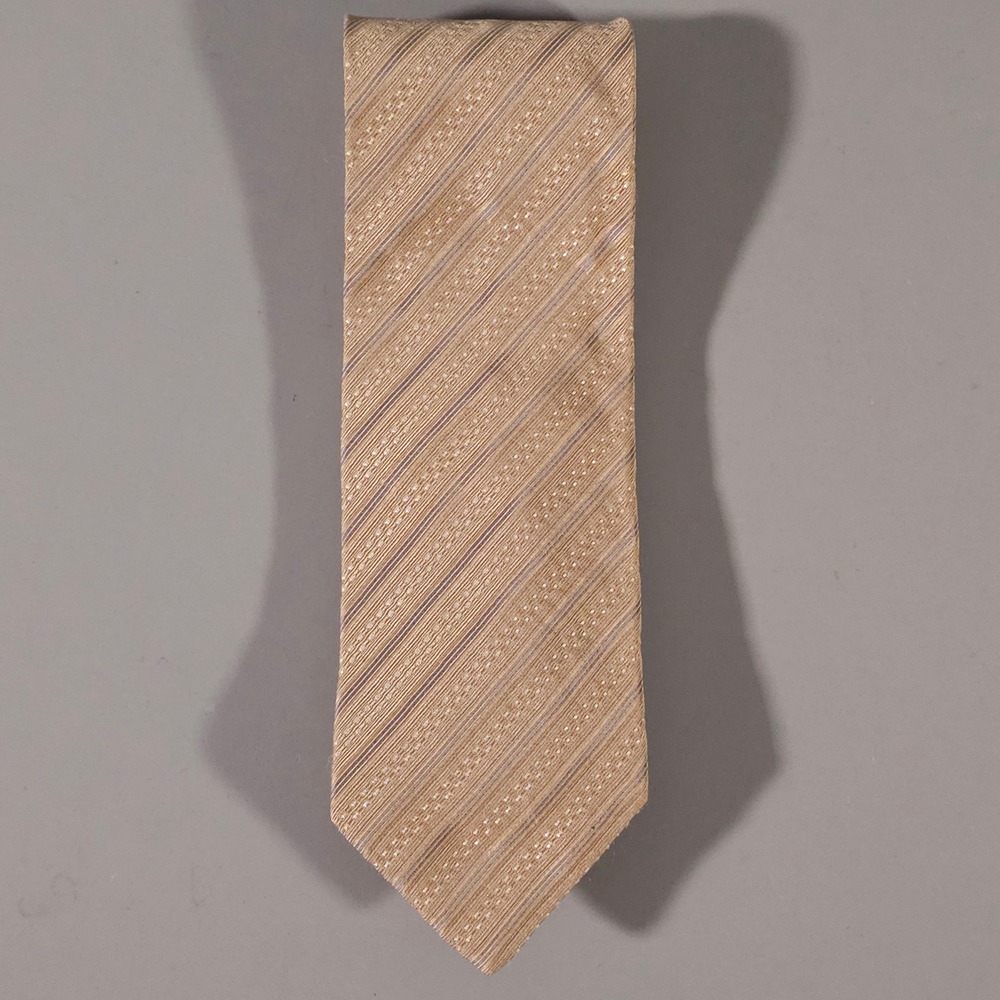 BOSS Hugo Boss Necktie Mens OS Tan Gold Striped Silk Made in Italy Business